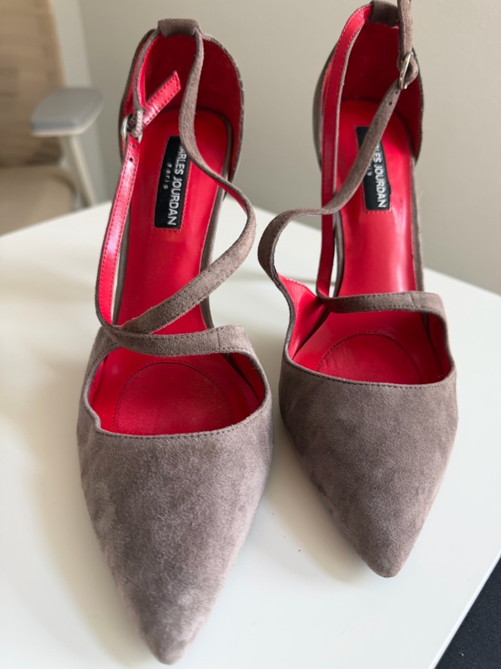 Charles Jourdan Taupe Suede Pointed-Toe Heels with Red Interior